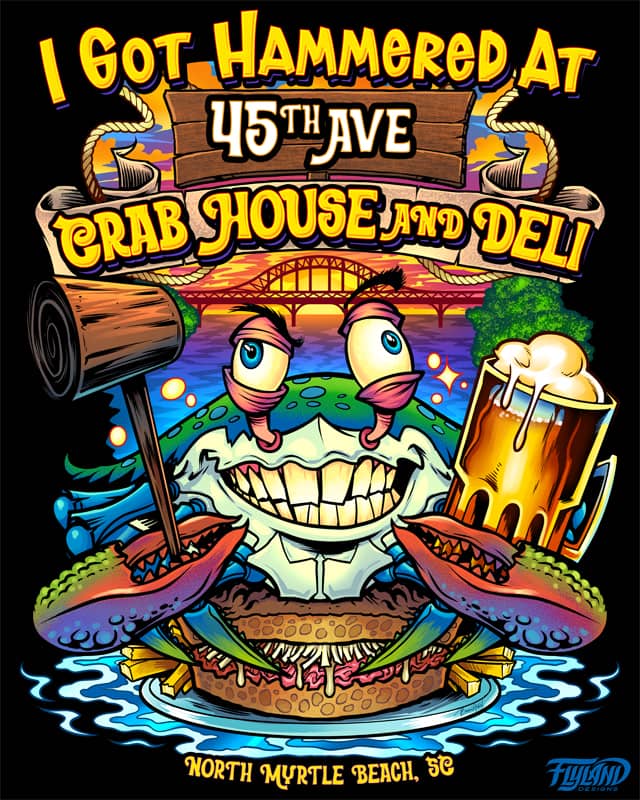 A t-shirt design I created of a crab enjoying a sandwich while holding a mallet and beer for a restaurant.