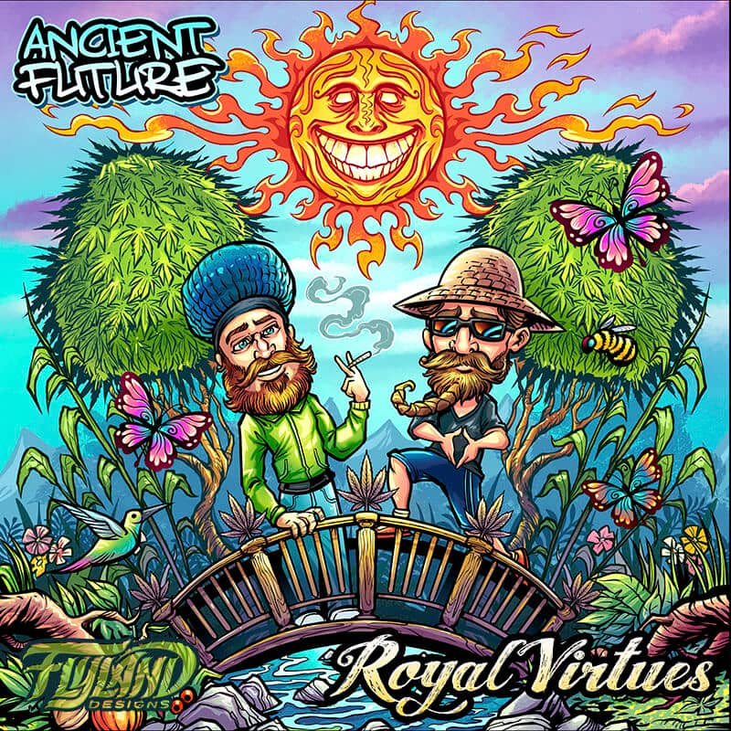 Album cover illustration of two guys on a bridge smoking joints in front a colorful happy sun and plants and butterflies