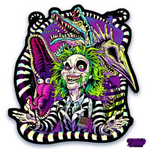 Beetlejuice surrounded by sandworms holding the book of the recently decesed Sticker Design by artist Brian Allen