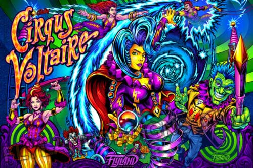 Illustration for the Cirqus Voltaire Pinball machine showing brighly colored circus performers, clowns, acrobats,  and a ringleader drawn by Brian Allen