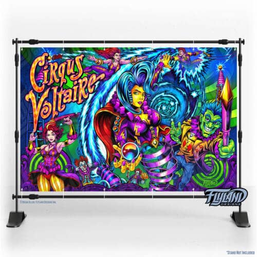 Illustration for the Cirqus Voltaire Pinball machine showing brighly colored circus performers, clowns, acrobats,  and a ringleader drawn by Brian Allen