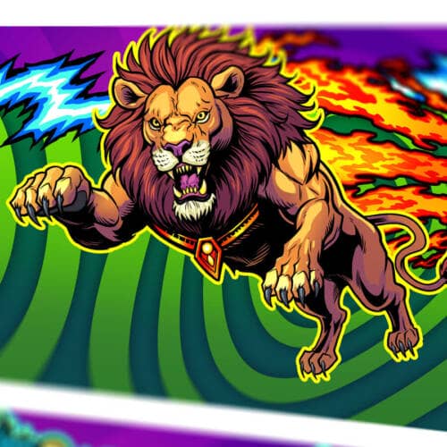 Side Art Blades Illustration for the Cirqus Voltaire Pinball machine showing brighly colored circus performers, clowns, acrobats,  and a ringleader drawn by Brian Allen