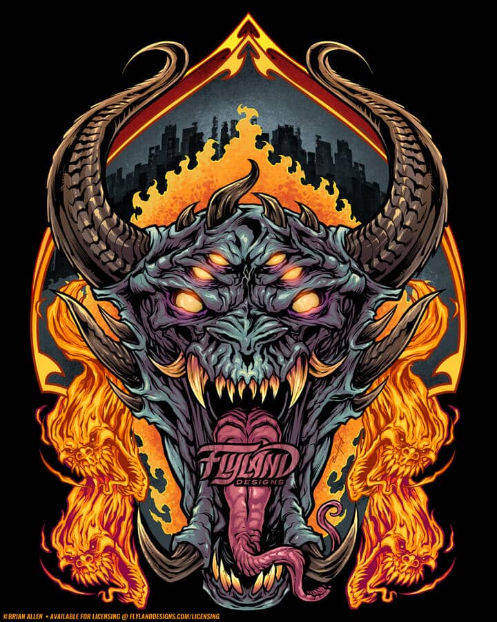 Demon Face and Fire Skulls Evil Demon Face with fire Skulls in the backgroud