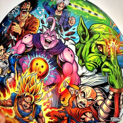 Illustration tribute to the heroes in Dragon Ball Z including Krilin, Boo, Trunks, Piccolo, Goku, Vegeta, and Mr. Satan drawn by artist Brian Allen