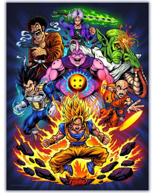 Illustration tribute to the heroes in Dragon Ball Z including Krilin, Boo, Trunks, Piccolo, Goku, Vegeta, and Mr. Satan drawn by artist Brian Allen