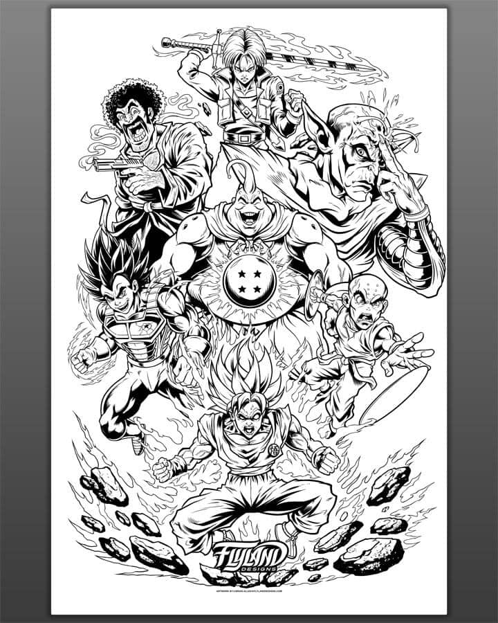 Illustration tribute to the heroes in Dragon Ball Z including Krilin, Boo, Trunks, Piccolo, Goku, Vegeta, and Mr. Satan drawn by artist Brian Allen