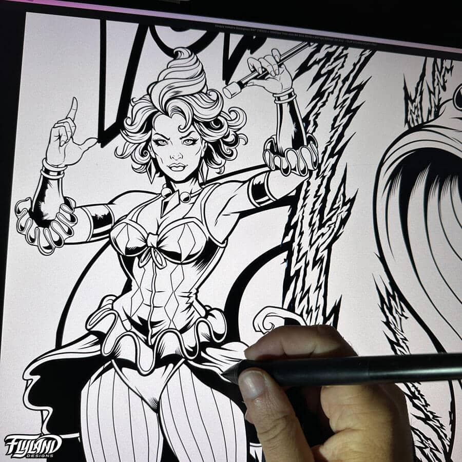 Illustration for the Cirqus Voltaire Pinball machine showing brighly colored circus performers, clowns, acrobats, and a ringleader drawn by Brian Allen