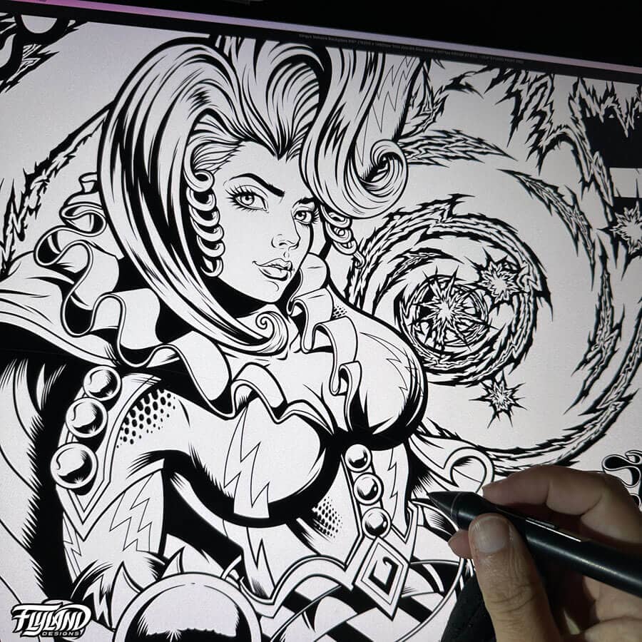 Illustration for the Cirqus Voltaire Pinball machine showing brighly colored circus performers, clowns, acrobats, and a ringleader drawn by Brian Allen