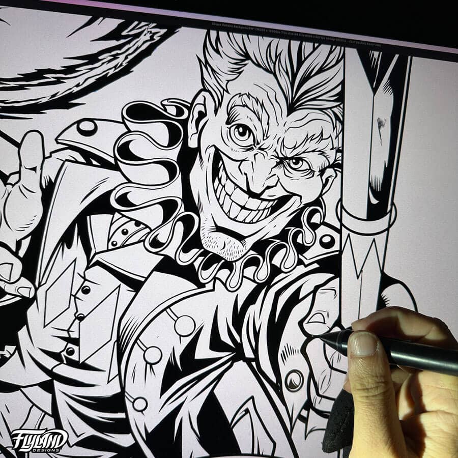 Illustration for the Cirqus Voltaire Pinball machine showing brighly colored circus performers, clowns, acrobats, and a ringleader drawn by Brian Allen