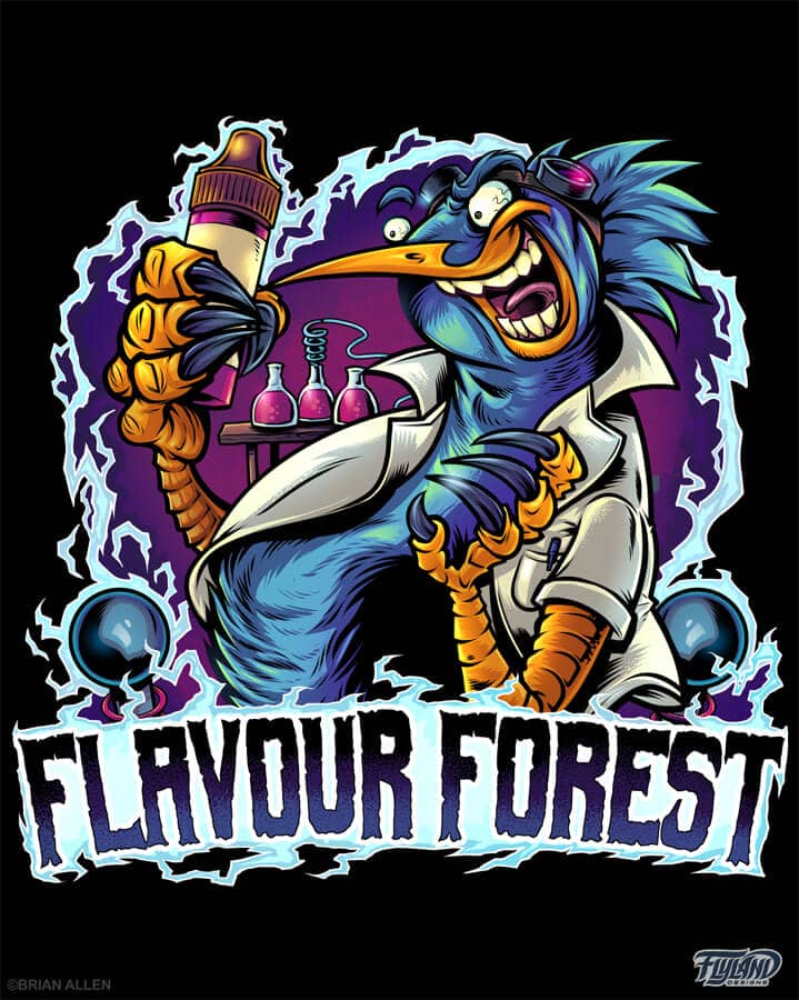 A logo illustration of a mad scientist bird holding vape juice for Flavour Forest, drawn by artist Brian Allen