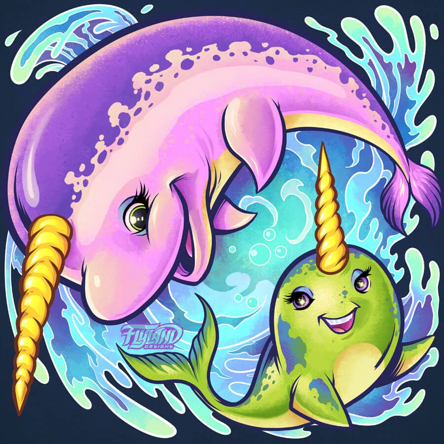 cute caroon narwhal whale family