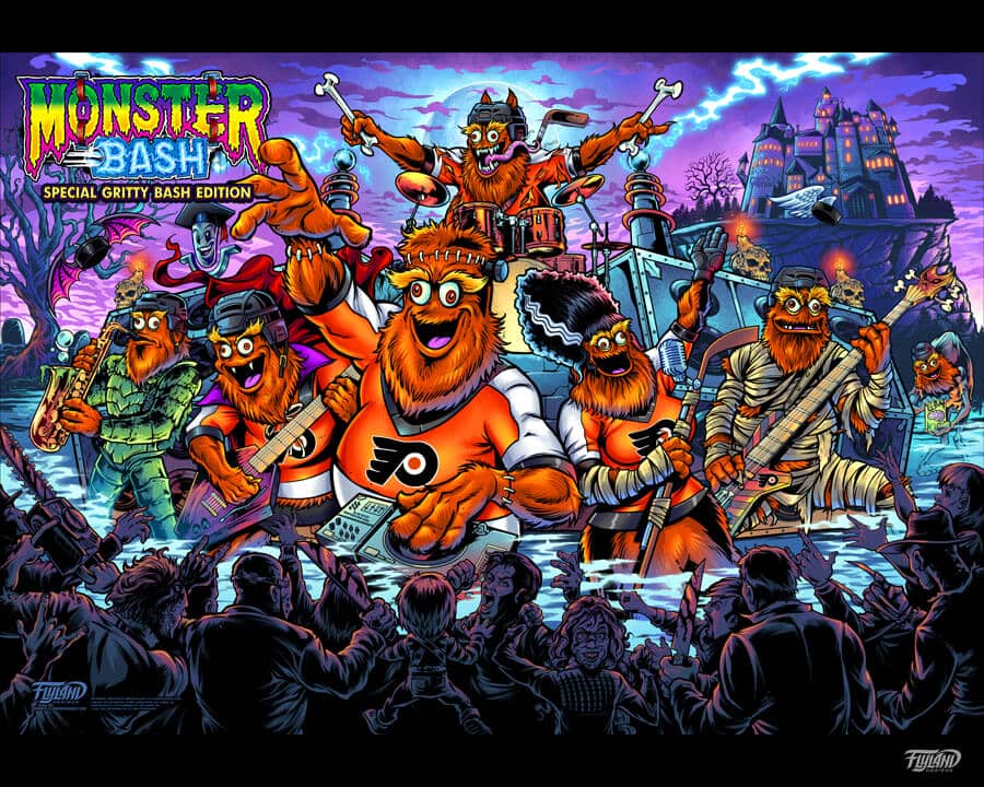 Monster Bash parody with Gritty as all the characters playing instruments for a pinball translite, drawn by artist Brian Allen