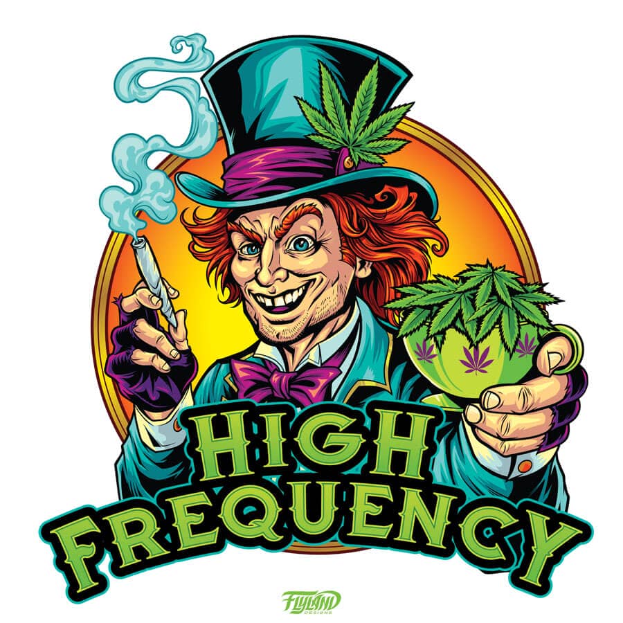 Logo design illustration of a Mad Hatter smoking a joint holding a teacup filled with pot leaves for a Cannabis shop called High Frequency