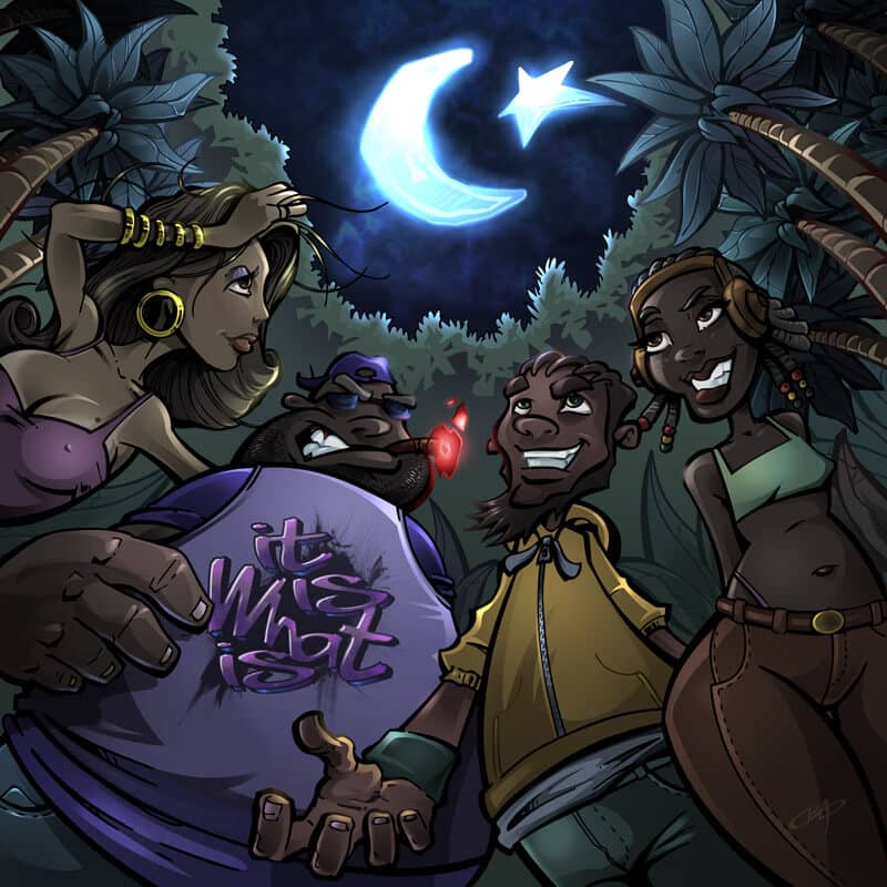 Album cover for It Is What Is featuring a group of four people in a tropical forest under the moon