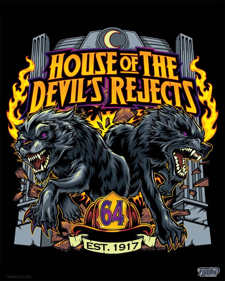 A logo illustration of 2 hellhounds surrounded by fire for the House of the Devil's Rejects, drawn by artist Brian Allen