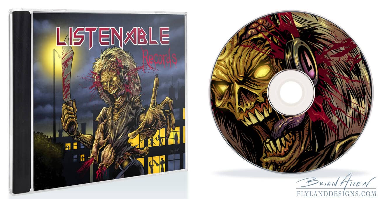 A zombie with yellow skin wielding a bloody machete, wearing pink headphones. There is a pair of severed hands grasping onto its shirt. Text reads "Listenable Records" Printed on a CD jacket and CD
Artwork by Brian Allen, Flyland Designs