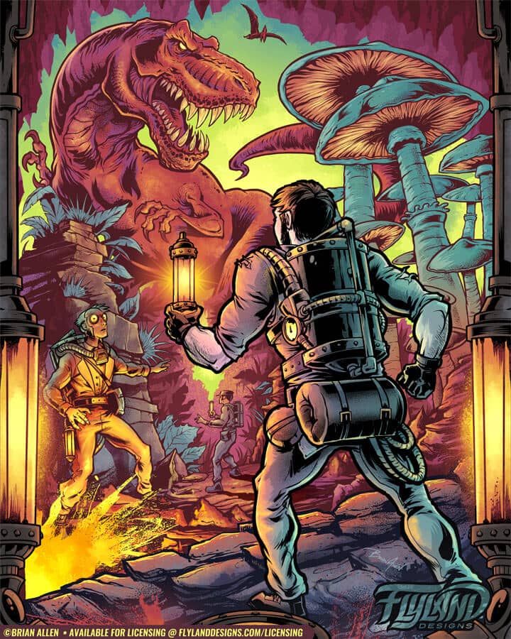 Hero Exploring Artwork by Brian Allen Hero Exploring Jungel Big Dino and Mushroom