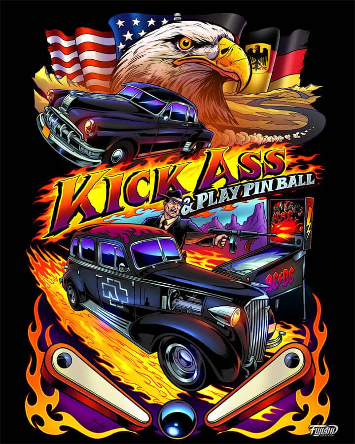 Pinball t-shirt design featuring an eagle, cars, an ACDC pinball machine, and more, drawn by artist Brian Allen