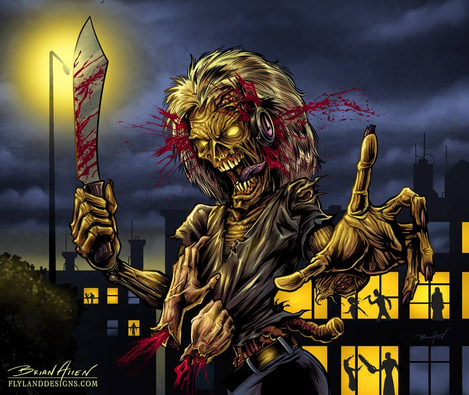 A zombie with yellow skin wielding a bloody machete, wearing pink headphones. There is a pair of severed hands grasping onto its shirt.
Artwork by Brian Allen, Flyland Designs