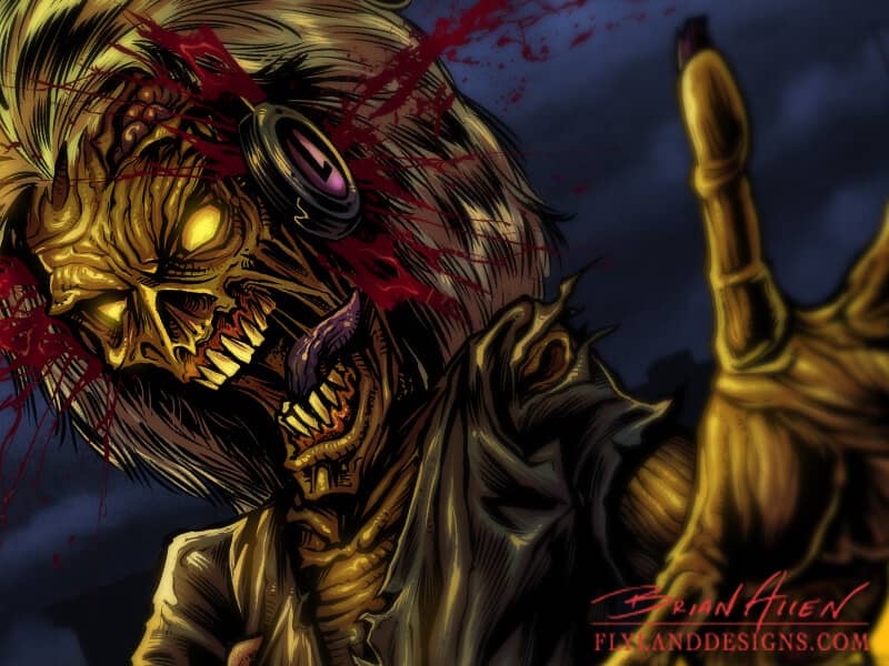 Detail shot of A zombie with yellow skin wielding a bloody machete, wearing pink headphones. There is a pair of severed hands grasping onto its shirt.
Artwork by Brian Allen, Flyland Designs