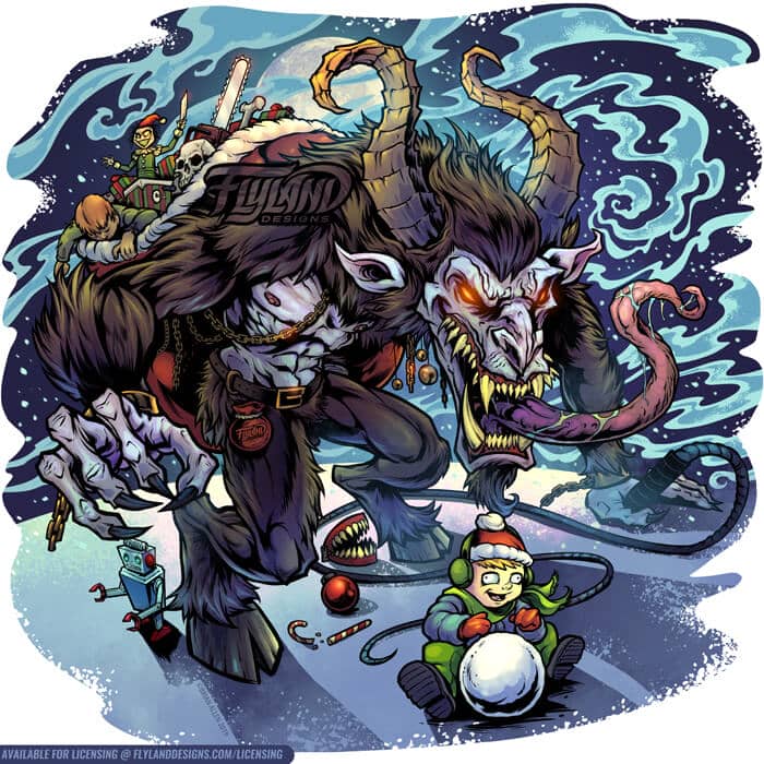 Krampus Krampus holding a bag of evil toys sneaking up on a child playing in the show