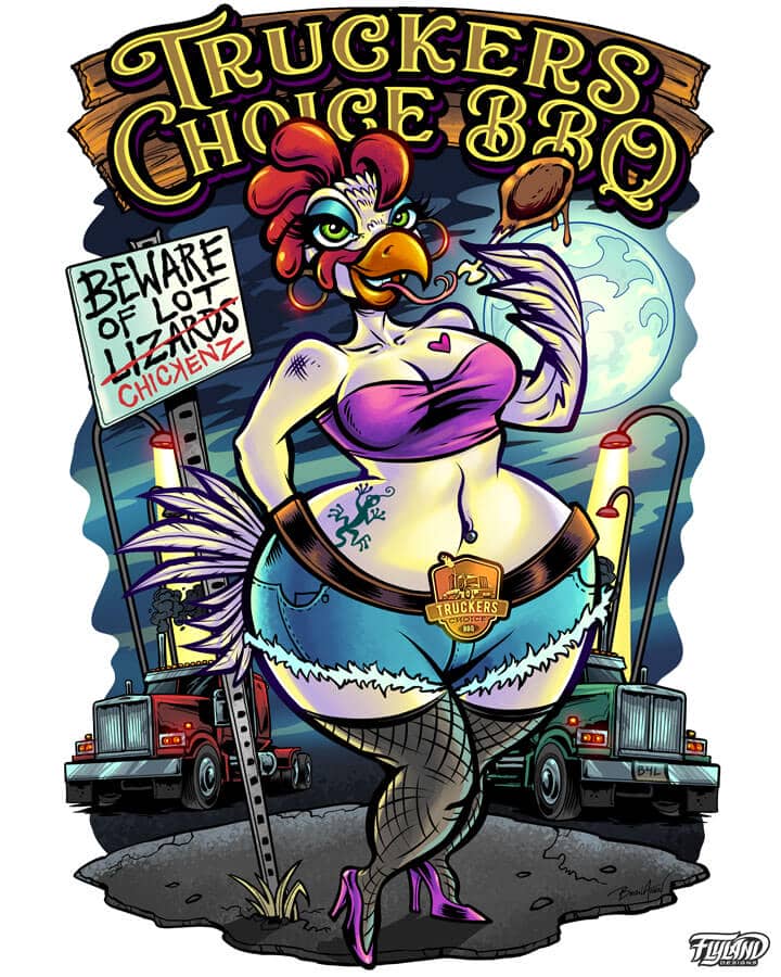 T-shirt design featuring a thiccc lot chicken eating a chicken wing with semi trucks in the background for Truckers Choice BBQ, drawn by artist Brian Allen