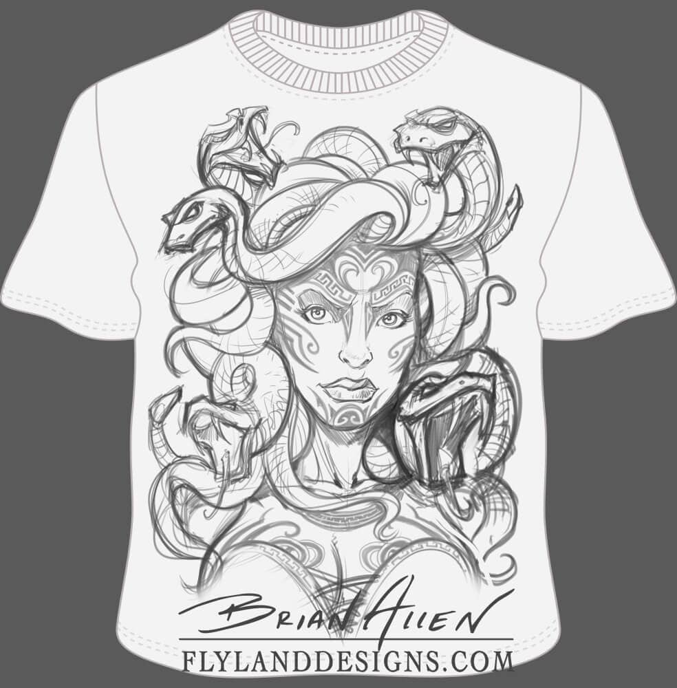 Mock up of A detailed illustration of medusa on a white t-shirt. She has some tribal tattoos on her face and full lips. Her hair is made of many vicious looking snakes, all with sharp fangs.
Artwork by Brian Allen, Flyland Designs.