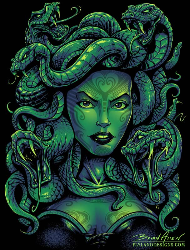 A detailed illustration of medusa. She has some tribal tattoos on her face and full lips. Her hair is made of many vicious looking snakes, all with sharp fangs. The illustration uses bright greens, teals, and blacks.
Artwork by Brian Allen, Flyland Designs.