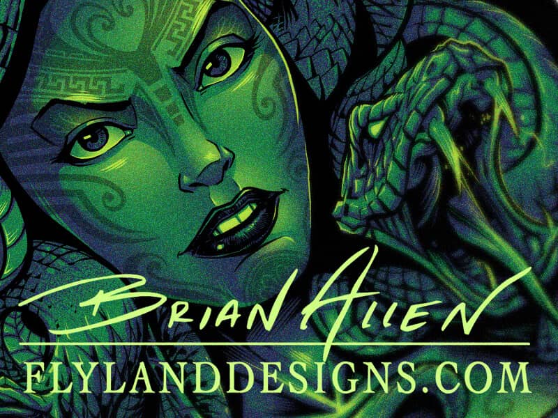 Detail shot of A detailed illustration of medusa. She has some tribal tattoos on her face and full lips. Her hair is made of many vicious looking snakes, all with sharp fangs. The image uses bright greens, teals, and blacks.
Artwork by Brian Allen, Flyland Designs.