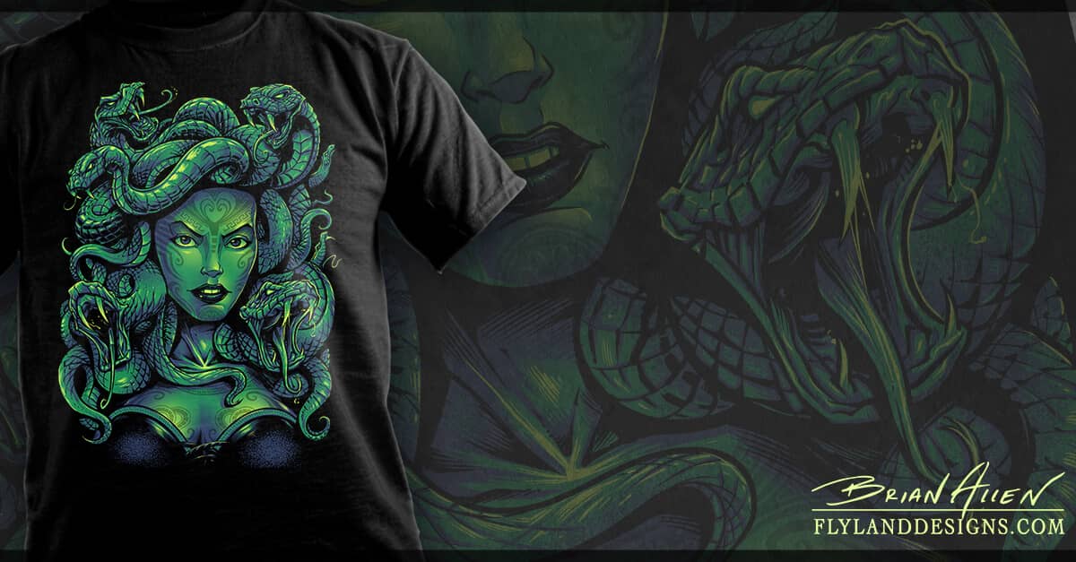 A detailed illustration of medusa. She has some tribal tattoos on her face and full lips. Her hair is made of many vicious looking snakes, all with sharp fangs. Printed on a black t-shirt.
Artwork by Brian Allen, Flyland Designs.
