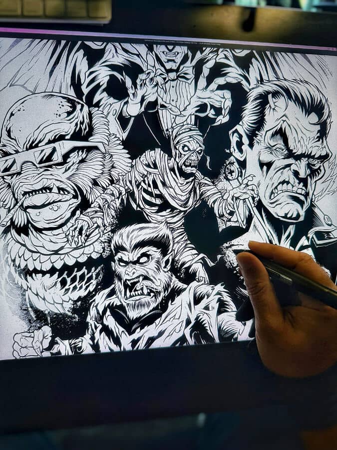 Illustration of Frankenstein, Dracula, Wolfman, the Mummy, and the Creature From the Black Lagoon drawn in vibrant colors by artist Brian Allen