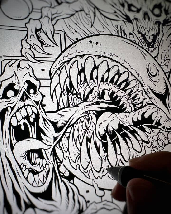 Colorful illustration parody of Pac-Man, Ms. Pac-Man, and Baby Pac-Man eating the ghosts from the retro arcade game drawn by Brian Allen