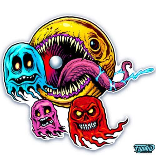 Pac-Man Arcade Sticker Design of Pac-Man eating ghosts by artist Brian Allen