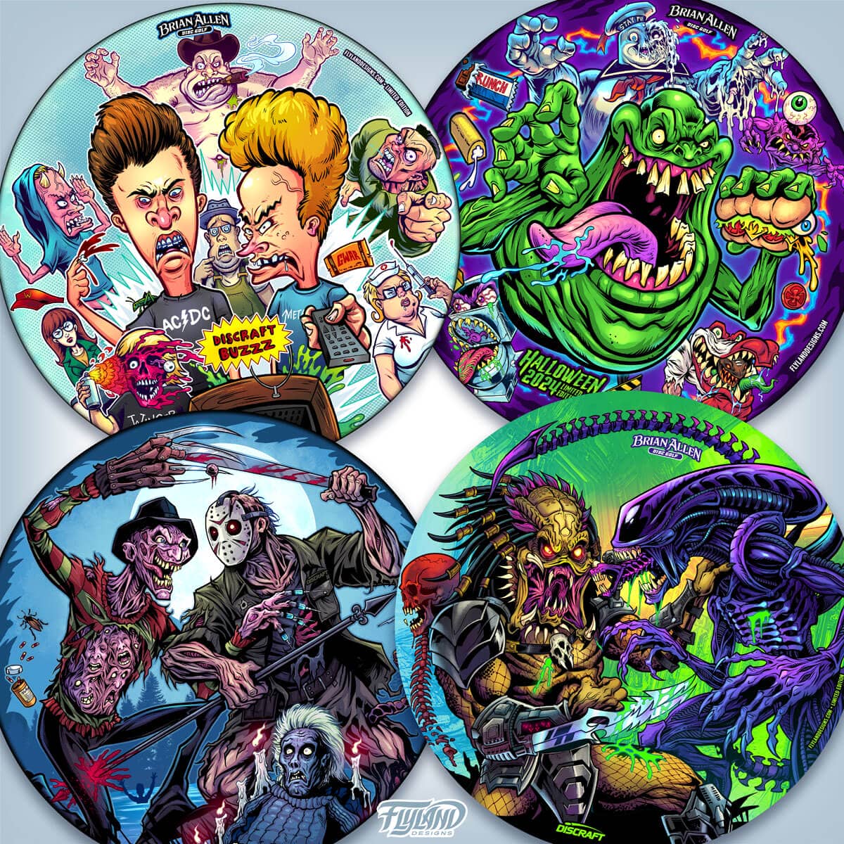Images of disc golf artwork by Brian Allen printed on Full-Foil Discraft Buzzz Discs for a subscription service