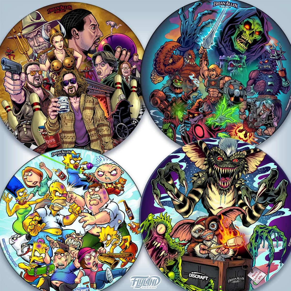 Images of disc golf artwork by Brian Allen printed on Full-Foil Discraft Buzzz Discs for a subscription service