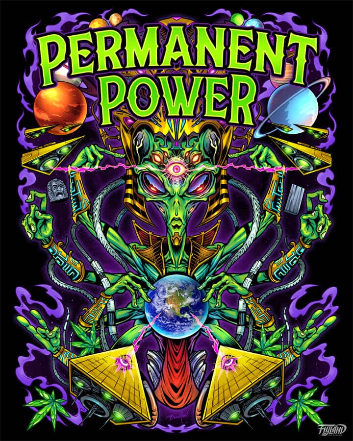 Psychedelic t-shirt design of an alien, planets, spaceships, pyramids, and marijuana leafs, drawn by artist Brian Allen