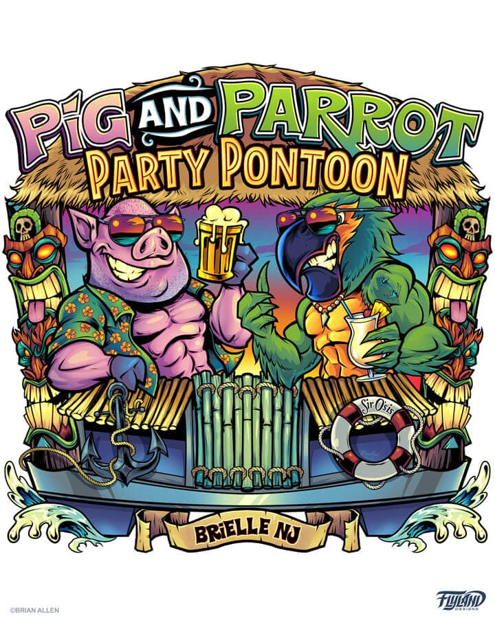 A logo illustration of a buff pig and parrot holding drinks with tikis surrounding them for Pig and Parrot Party Pontoon, drawn by artist Brian Allen