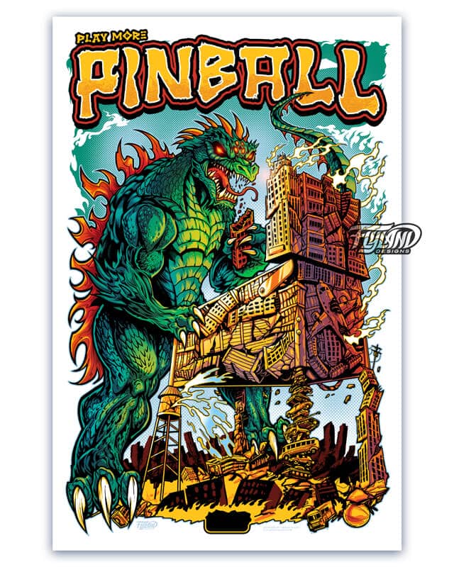 A full color illustration of Godzilla playying pinball on a pinball machine made out of a destroyed city.