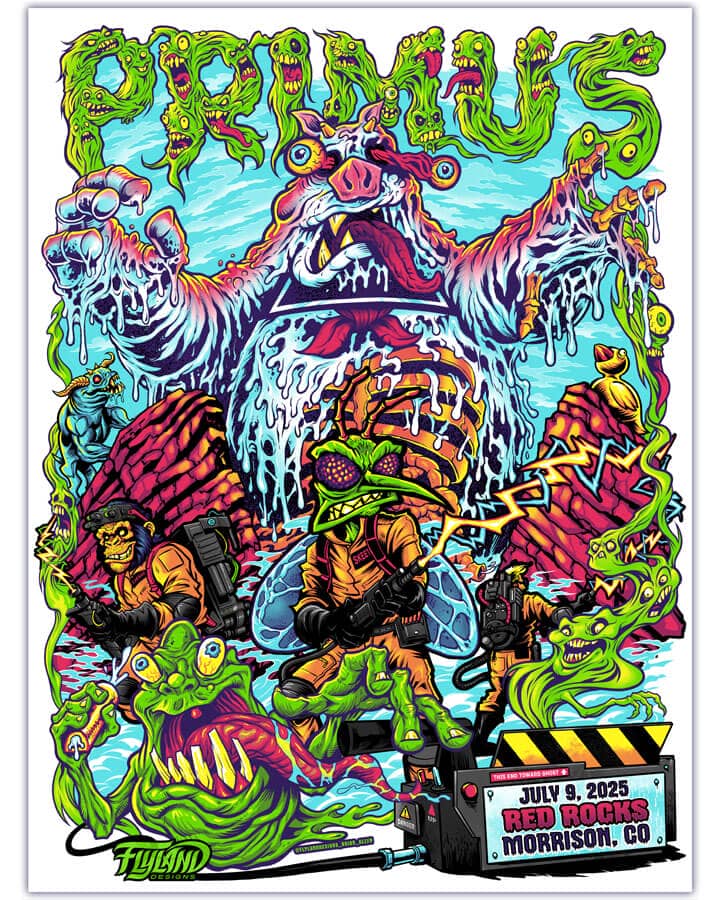 Primus poster illustration parody of Skeeter the mosquito and other Primus characters drawn as a characters from the Ghostbusters fighting a marshmallow man at Red Rocks for their show in Morrison Colorado 2025