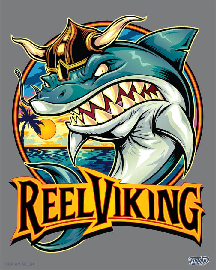 A logo illustration of a shark wearing a viking helmet for Reel Viking, drawn by artist Brian Allen