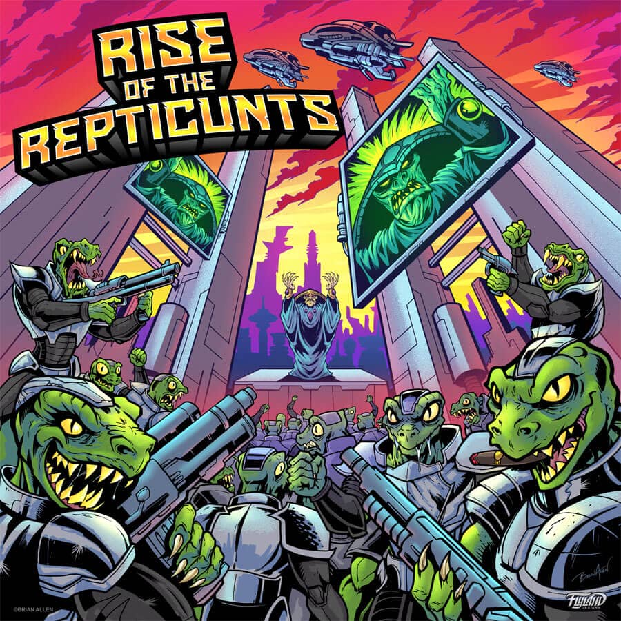 An album cover illustration of an army of reptilian humanoids, drawn by artist Brian Allen