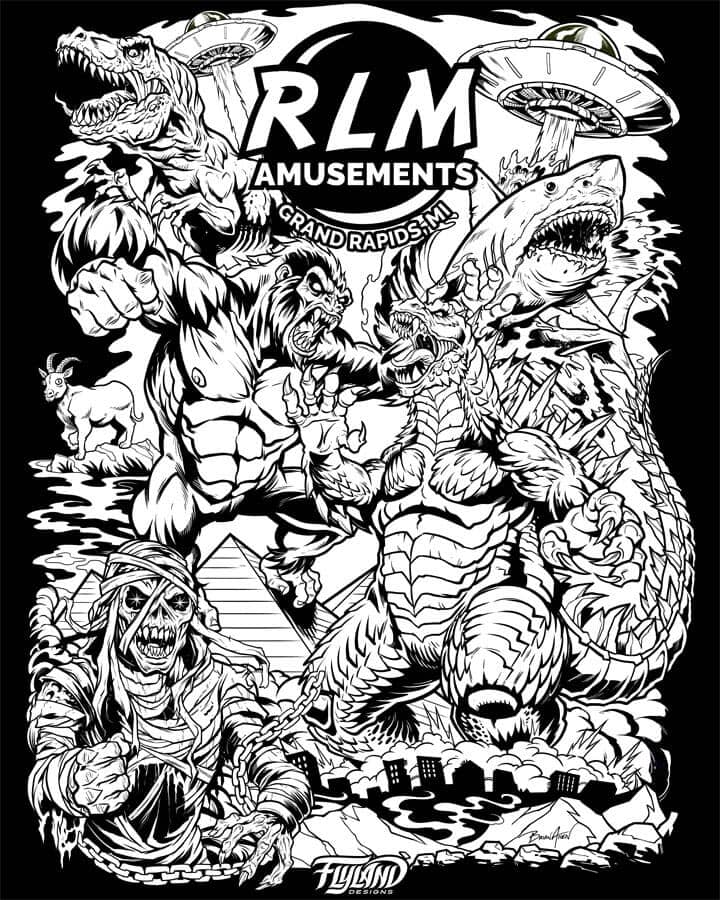 T-Shirt Design for RLM Amusements pinball and arcade business featuring a drawing of Godzilla fighting King Kong with the shark from Jaws, the mummy Eddie from Iron Maiden, the T-Rex from Jurrasic Park, and a UFO.
