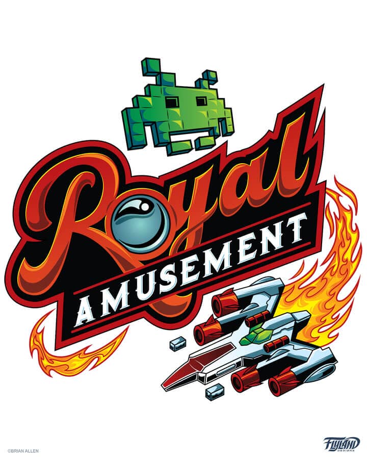 A logo illustration of an arcade spaceship and space invader enemy for Royal Amusement, drawn by artisti Brian Allen