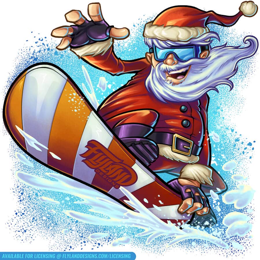 Snowboard Santa riding a candycane striped snowboard
