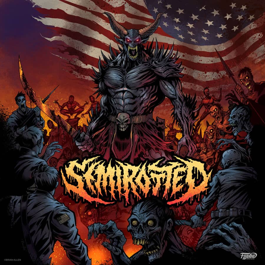 An album cover illustration of a demon character surrounded by zombies, drawn by artsit Brian Allen