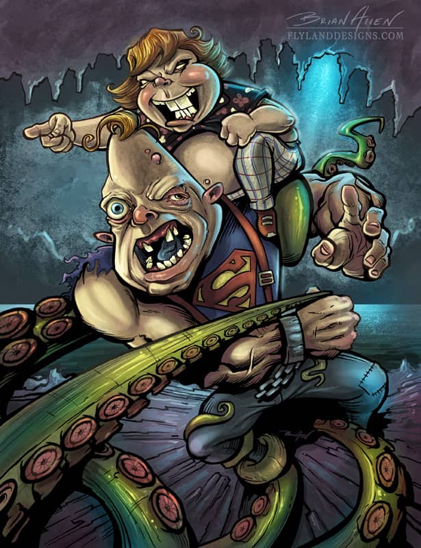 Art print of Chunk and Sloth from the goonies fighting a giant octopus, created by Brian Allen.