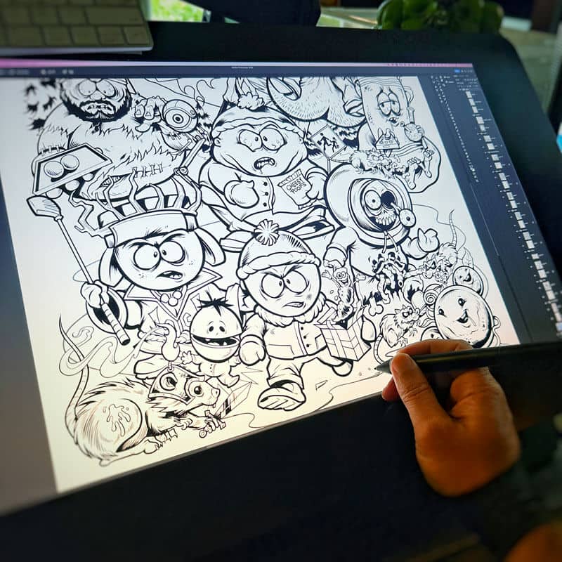 Drawing of the South Park characters in a darker style drawn by Brian Allen including Stan, Cartman, Kenny, Kyle, Chef, Satan, Terrance and Phillip, Randy, Mr. Garrison, Mr. Mackey, and more