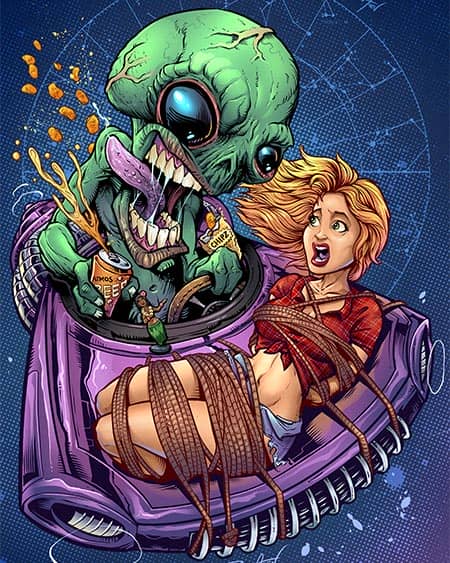 Illustration I created of an alien with an female earthling strapped to the hood of its spaceship.