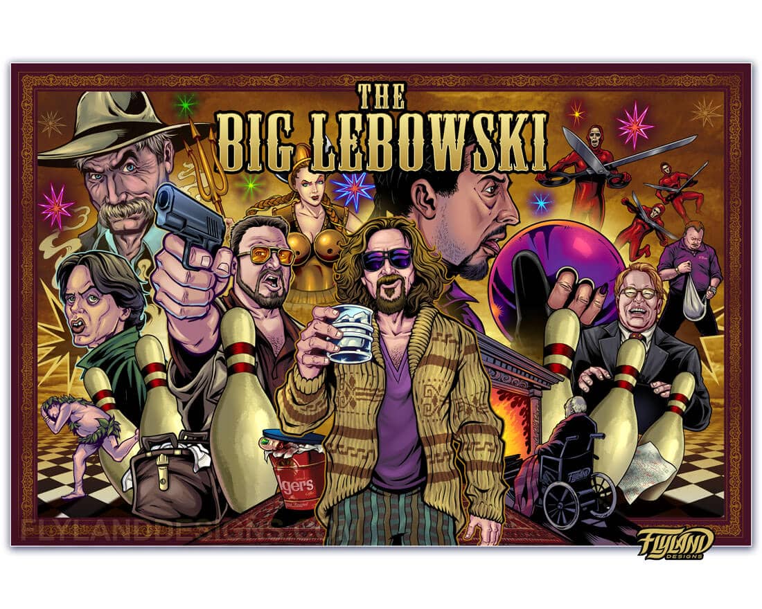 Tribute drawing of the characters from the Big Lebowski drawn in the style of Brian Allen, featuring the Dude, Walter, Donny, Jesus, and more