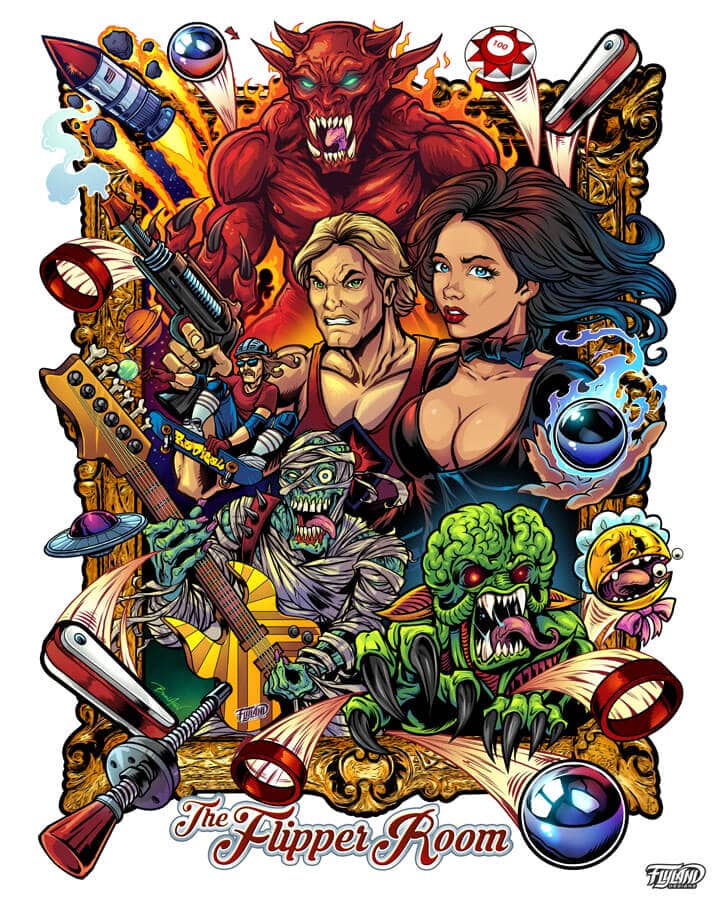 Pinball t-shirt design of characters from different games including monster bash, attack from mars, theatre of magic, and more for The Flipper Room, drawn by artist Brian Allen
